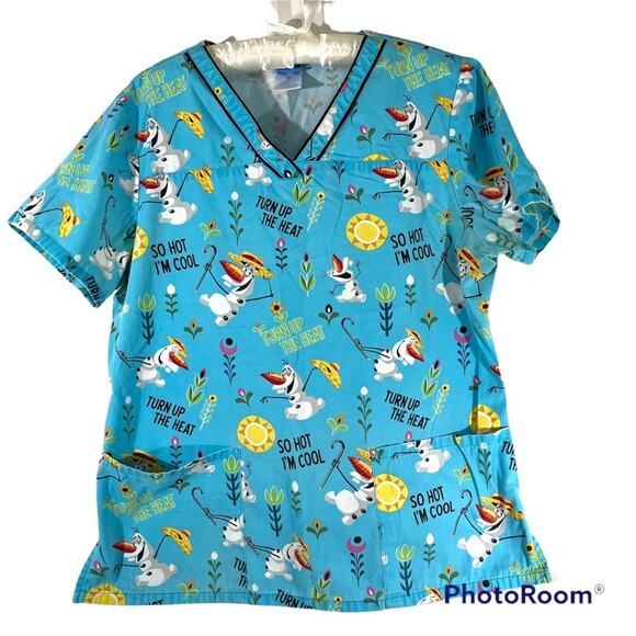 Disney Frozen Olaf Scrub Top Sz Medium Light Blue Flowers Nursecore Medical wear - Picture 1 of 3